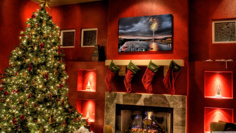 Christmas Tree in Living Room — Red, Festive, Night, Photograph, Fireplace, Stockings, Artwork