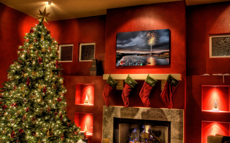 Christmas Tree in Living Room — Red, Festive, Night, Photograph, Fireplace, Stockings