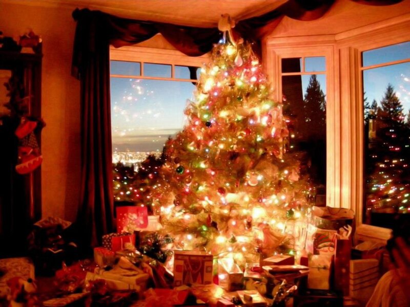 Christmas Tree in Living Room — Red, Festive, Night, Photograph
