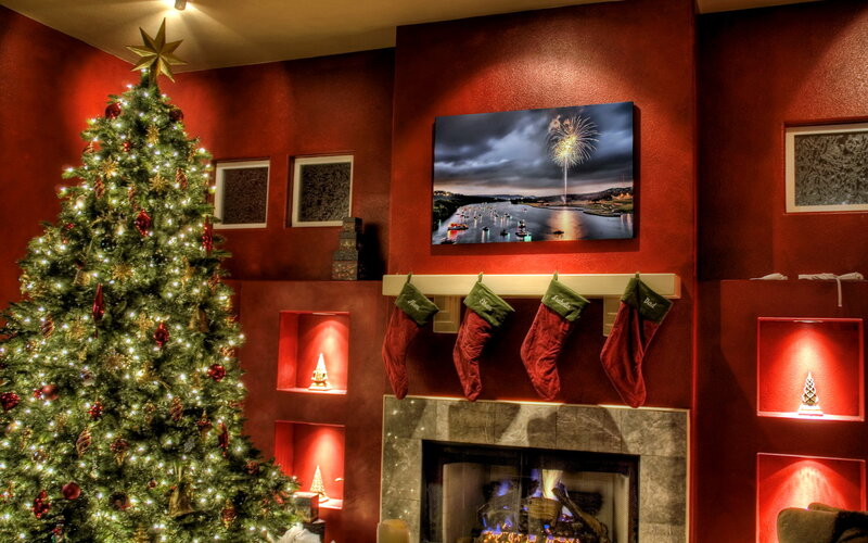 Christmas Tree in Living Room — Red, Festive, Night