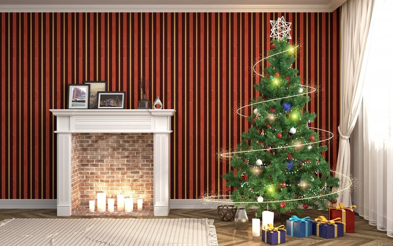 Christmas Tree in Living Room — Red, Festive, Winter, 3d Render