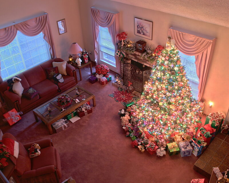 Christmas Tree in Living Room — Red, Festive, Winter, Photograph, Couch