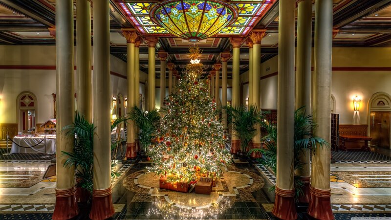 Christmas Tree in Lobby — Gold, Festive, Winter, Photograph, Stained Glass Ceiling, Columns, Potted Plants