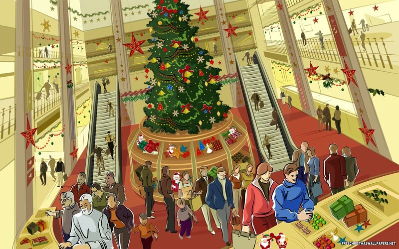 Christmas Tree in Mall — Green, Festive, Winter, Illustration