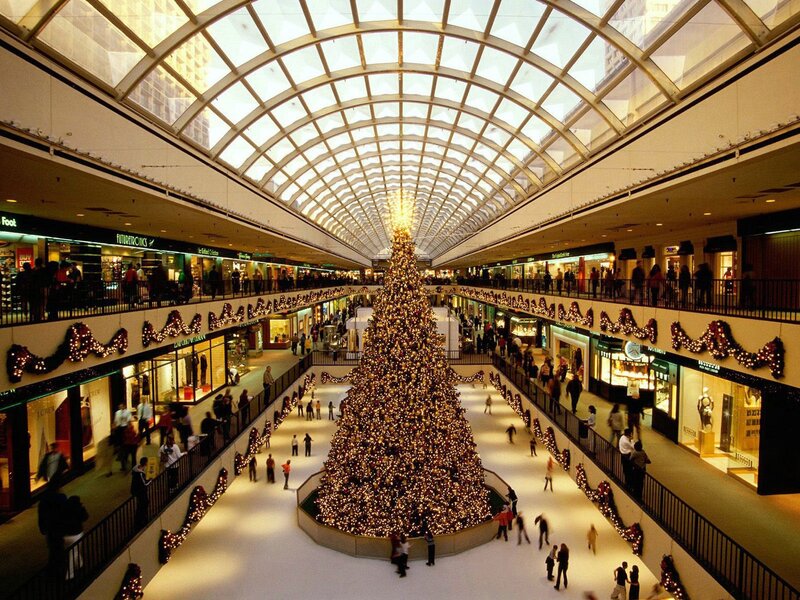 Christmas Tree in Mall — White, Festive, Winter, Photograph, Shopping Mall, Decorations