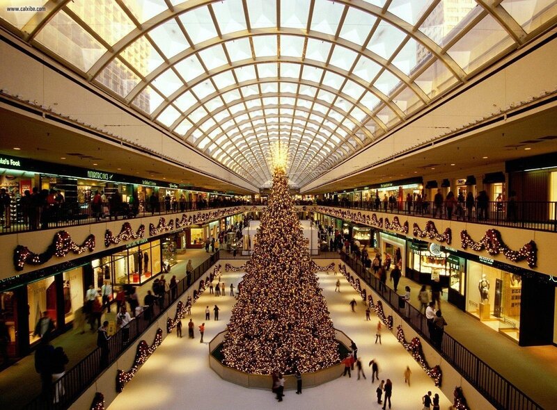 Christmas Tree in Mall — White, Festive, Winter, Photograph, Shopping Mall