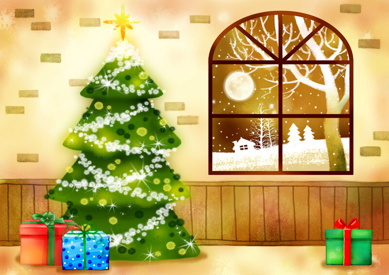 Christmas Tree in Room — Green, Festive, Night, Illustration