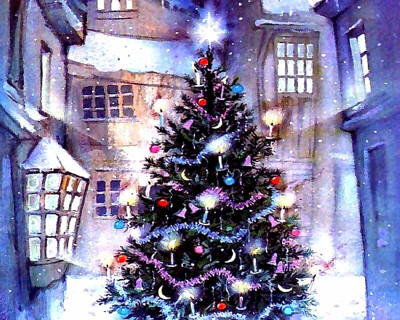 Christmas tree in snowy alley