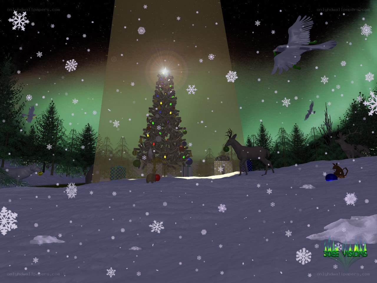 Christmas tree in snowy forest