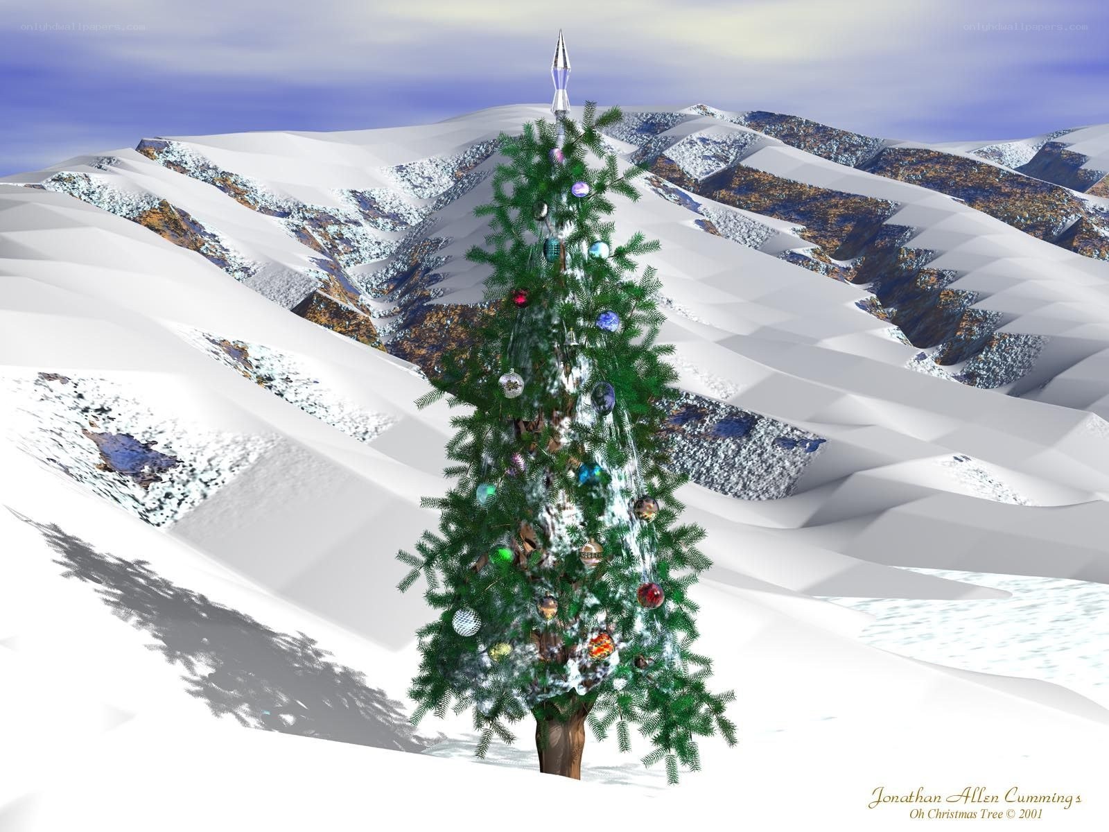 Christmas tree in snowy mountains
