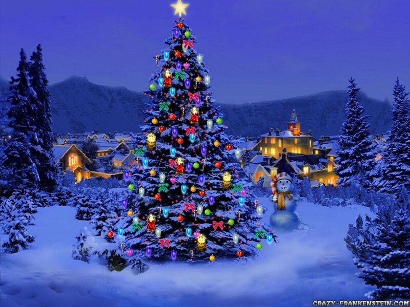Christmas tree in snowy village
