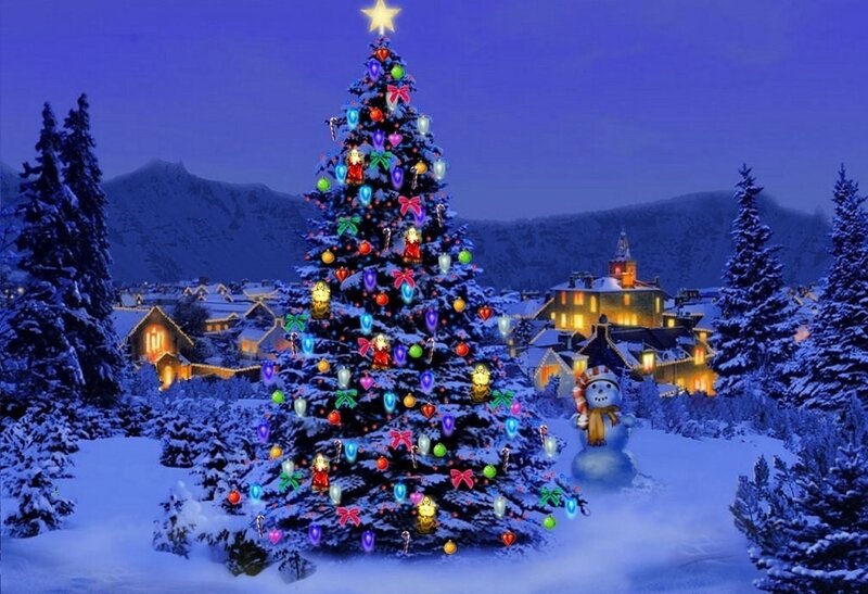 Christmas tree in snowy village