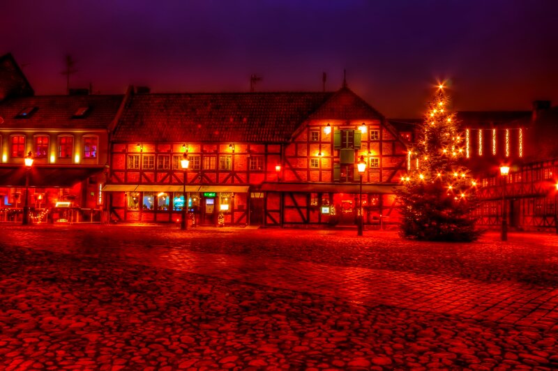 Christmas Tree in Town Square — Red, Festive, Night, Photograph