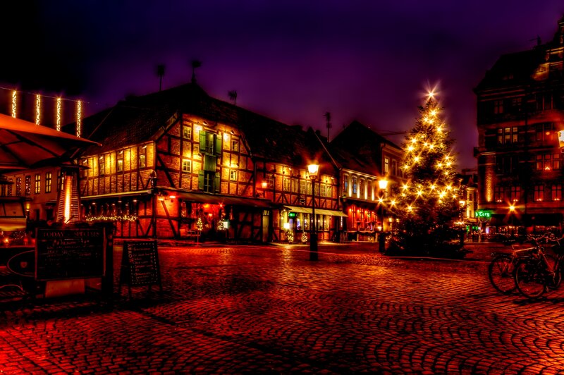 Christmas Tree in Town Square — Red, Festive, Night