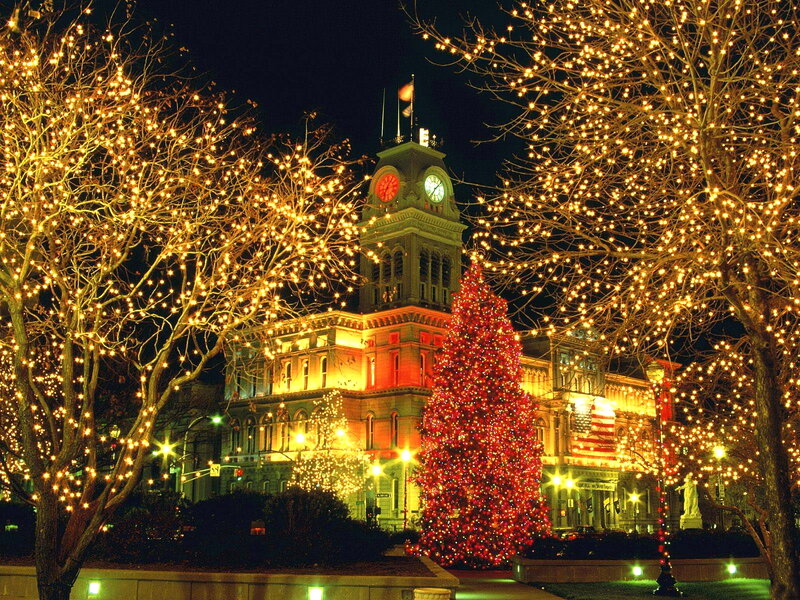 Christmas Tree in Town Square — Red, Festive