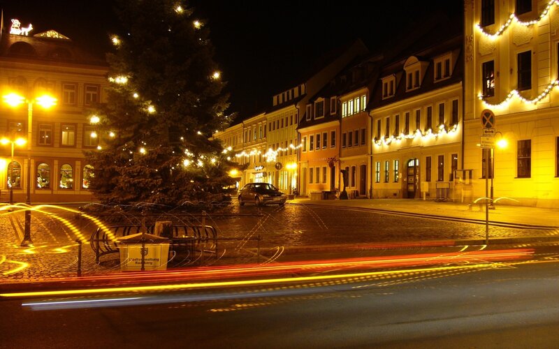 Christmas Tree in Town Square — Yellow, Festive, Night