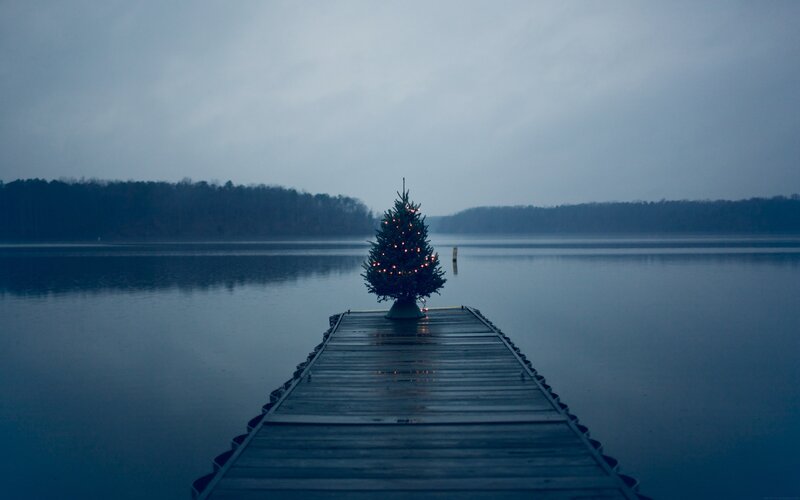 Christmas Tree on Dock — Blue, Serene, Night, Photograph