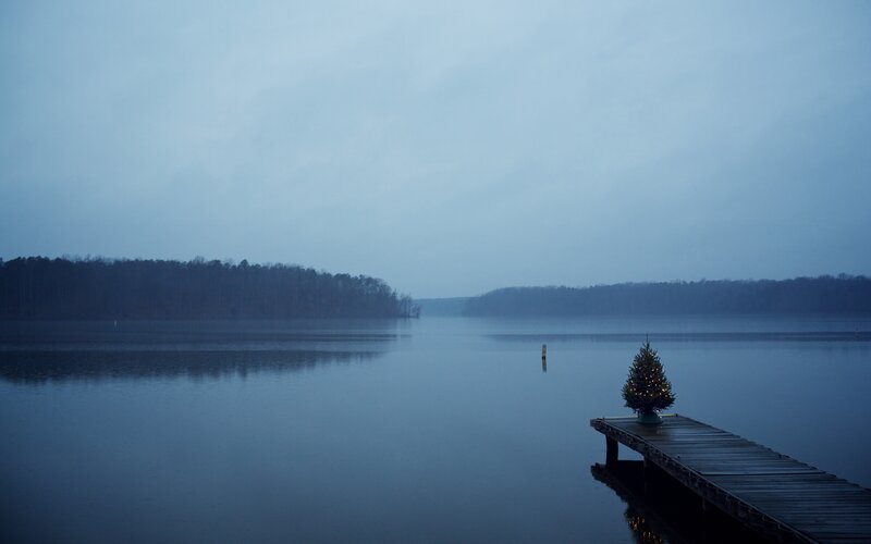 Christmas Tree on Dock — Blue, Serene, Night