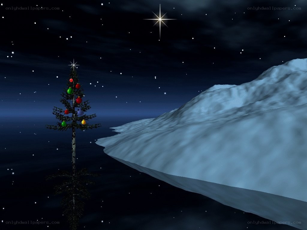 Christmas tree on snowy hill