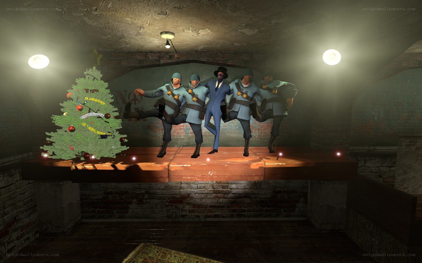 Christmas tree on stage with characters