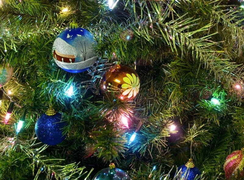 Christmas tree ornaments and lights