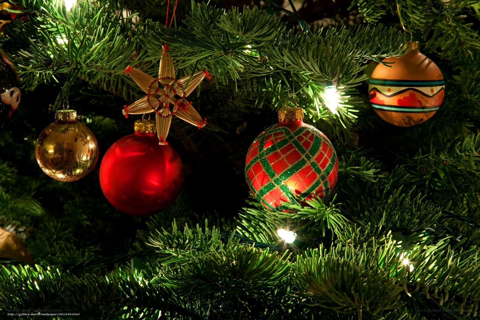Christmas tree ornaments close-up