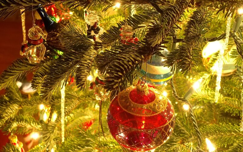 Christmas tree ornaments close-up