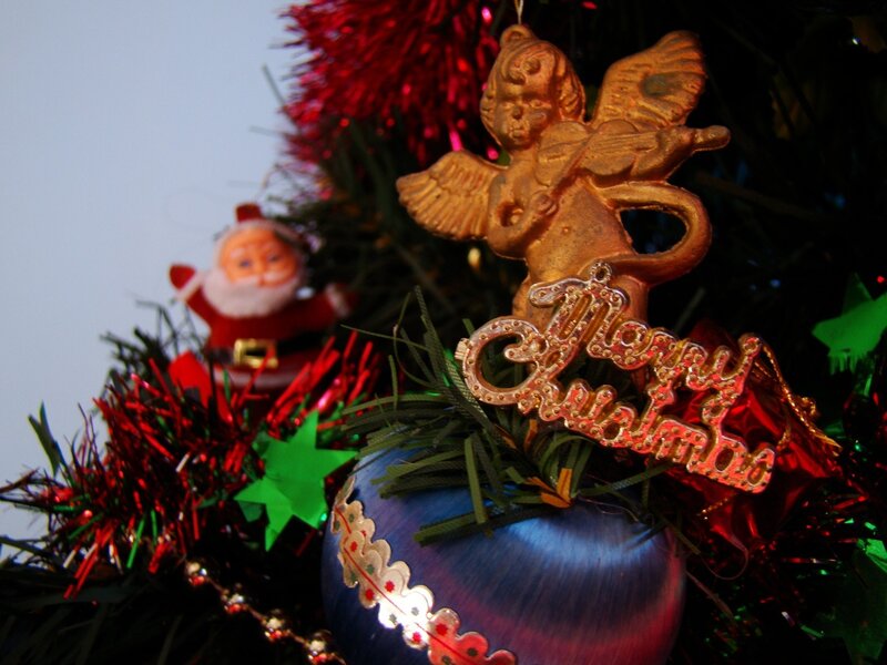 Christmas tree ornaments close-up
