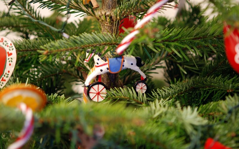 Christmas tree ornaments close-up