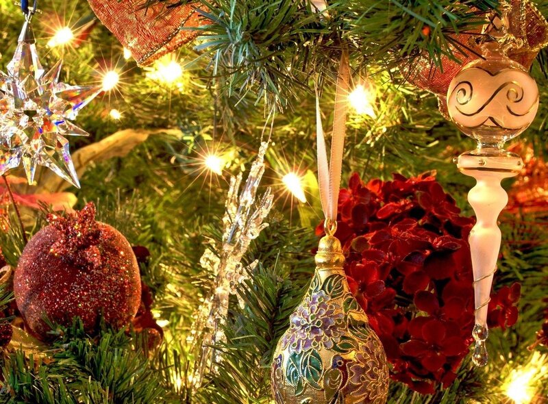 Christmas tree ornaments close-up