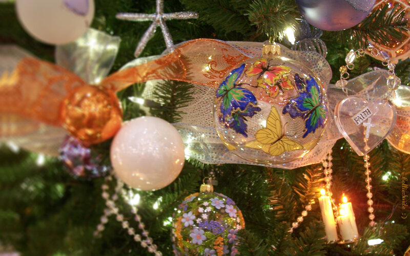 Christmas Tree Ornaments — Green, Festive, Night, Photograph, Ribbons