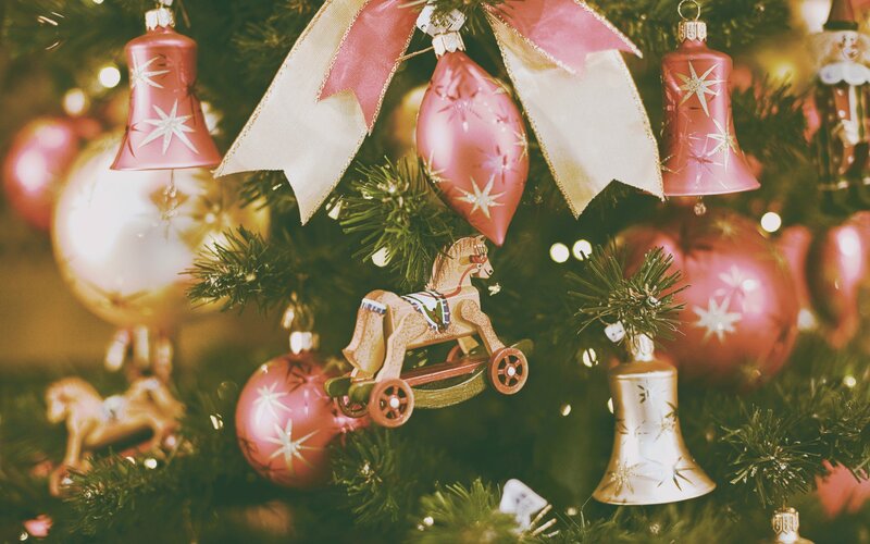 Christmas Tree Ornaments — Green, Festive, Winter, Photograph, Bells, Balls