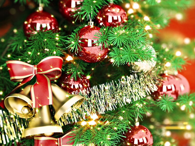 Christmas Tree Ornaments — Green, Festive, Winter, Photograph, Red Balls