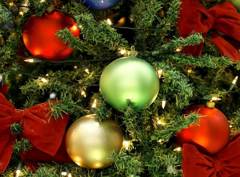 Christmas Tree Ornaments — Green, Festive, Winter, Photograph, Red Bows