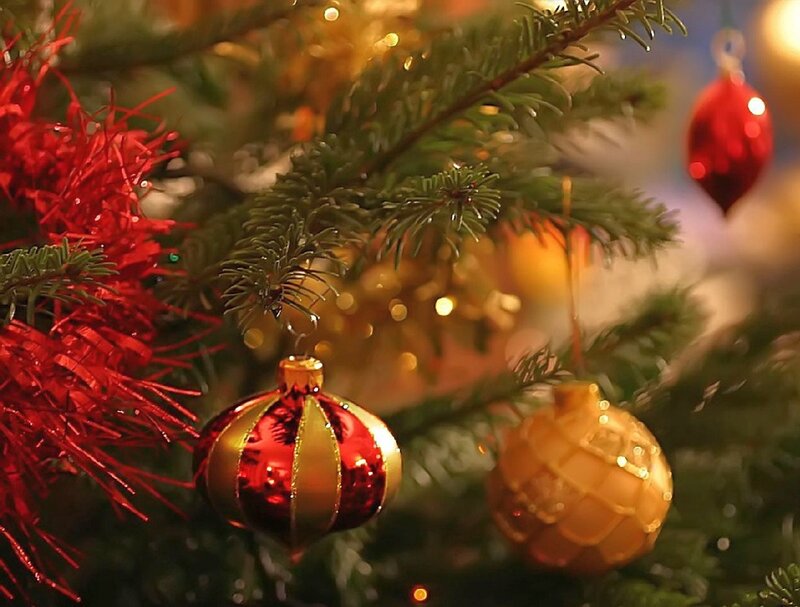 Christmas Tree Ornaments — Green, Festive, Winter, Photograph, Red Tinsel