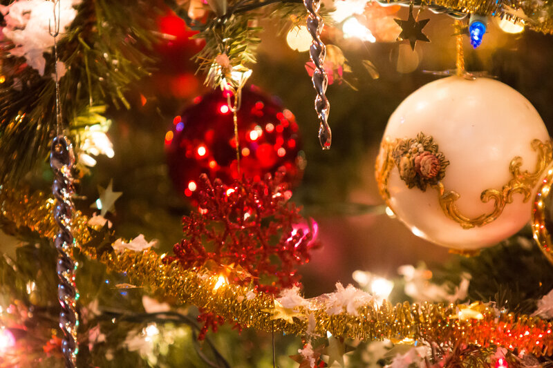 Christmas Tree Ornaments — Red, Festive, Night, Photograph