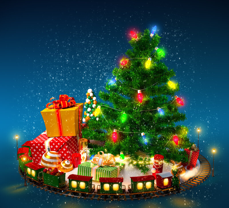Christmas Tree with Gifts — Green, Festive, Night, 3d Render