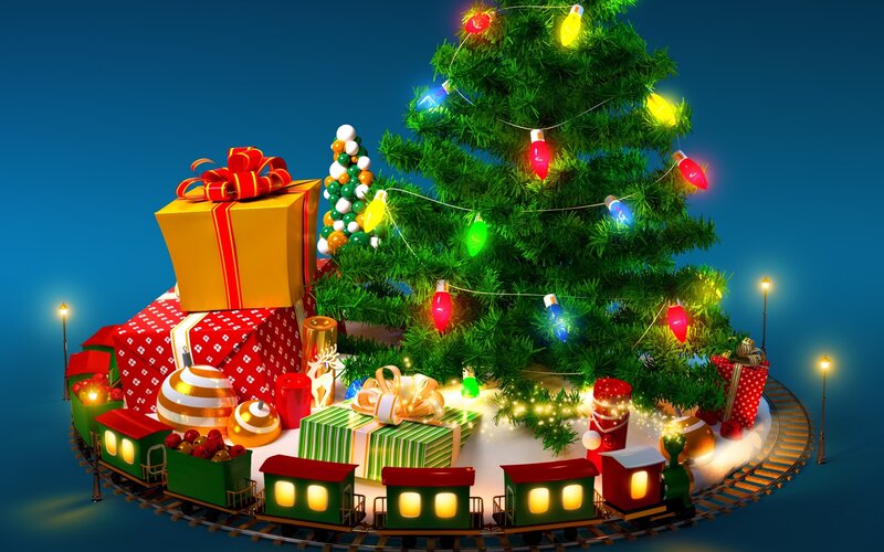Christmas Tree with Gifts — Green, Festive, Night, 3d Render, Train, Lights