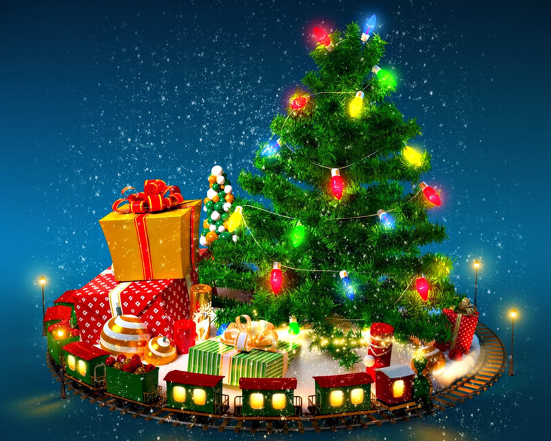 Christmas Tree with Gifts — Green, Festive, Night, 3d Render, Train