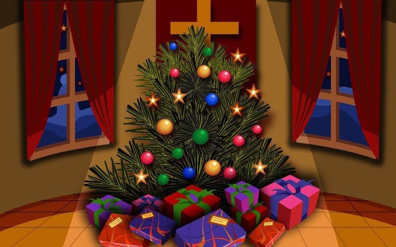 Christmas Tree with Gifts — Green, Festive, Night, Digital Art, Ornaments