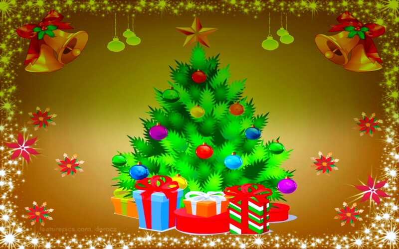 Christmas Tree with Gifts — Green, Festive, Winter, Digital Art, Bells