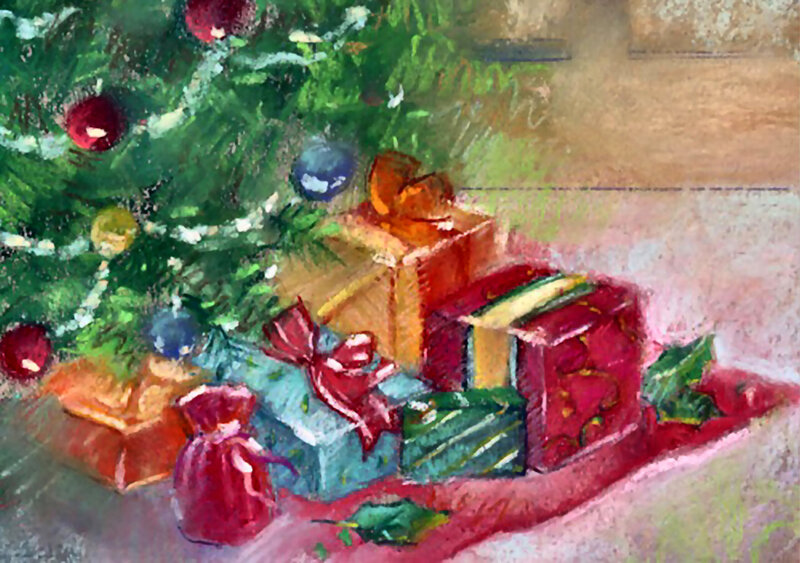 Christmas Tree with Gifts — Green, Festive, Winter, Painting