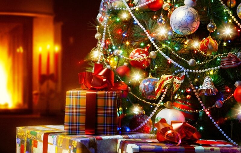 Christmas Tree with Gifts — Green, Festive, Winter, Photograph, Fireplace