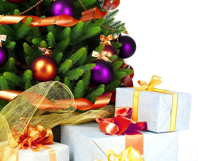 Christmas Tree with Gifts — Green, Festive, Winter, Photograph, Ornaments, Ribbons
