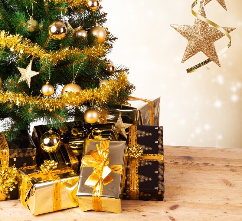 Christmas Tree with Gifts — Green, Festive, Winter, Photograph, Ornaments, Star