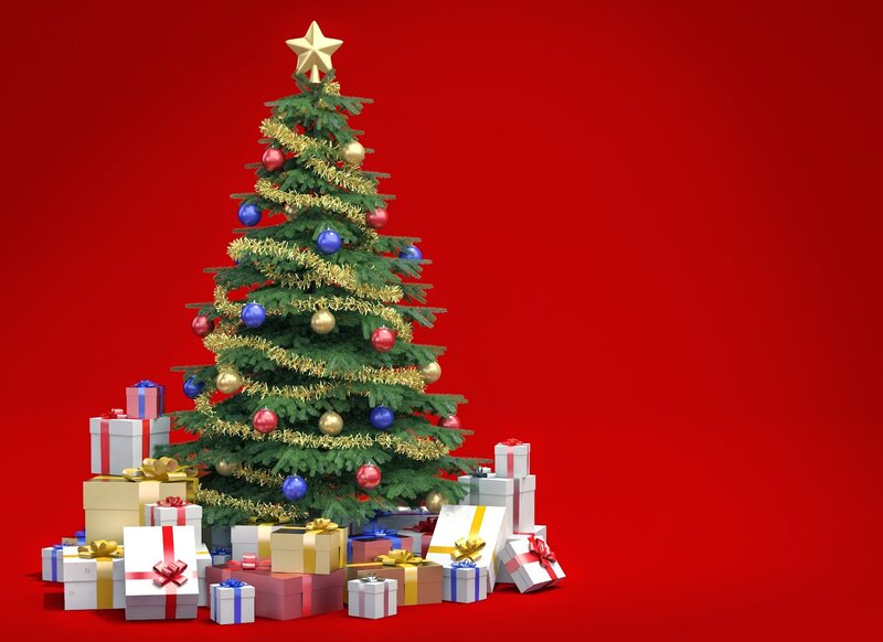 Christmas Tree with Gifts — Red, Festive, Winter, 3d Render