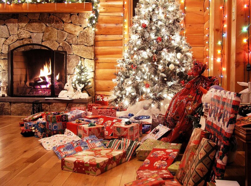 Christmas Tree with Gifts — Red, Festive, Winter, Photograph, Fireplace