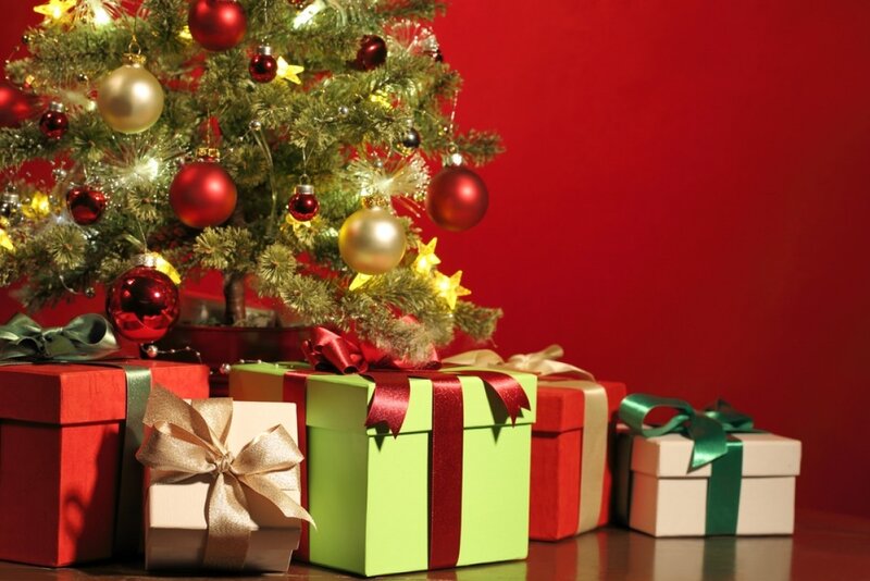 Christmas Tree with Gifts — Red, Festive, Winter, Photograph, Ornaments, Gift Boxes