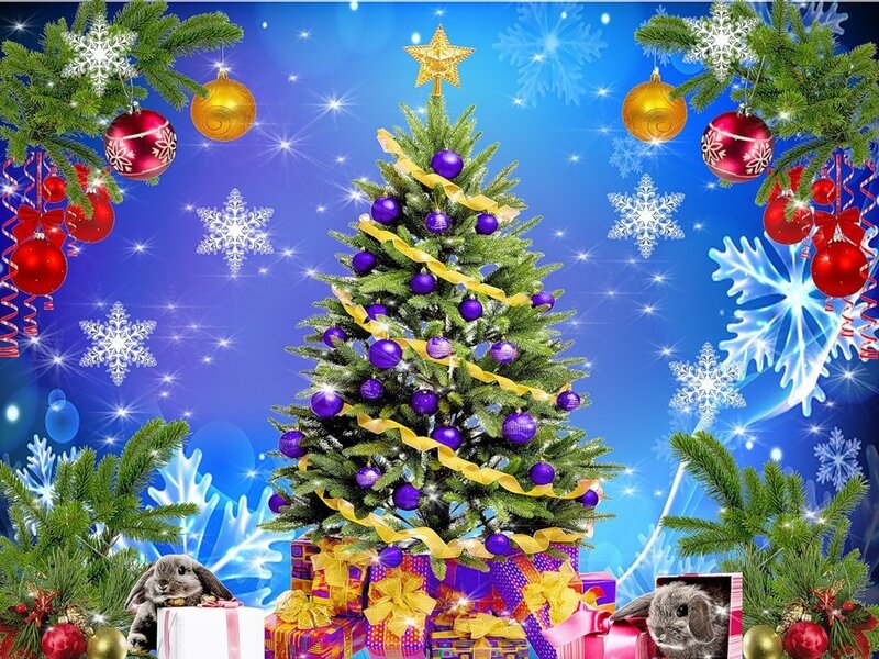 Christmas Tree with Ornaments — Blue, Festive, Winter, Digital Art