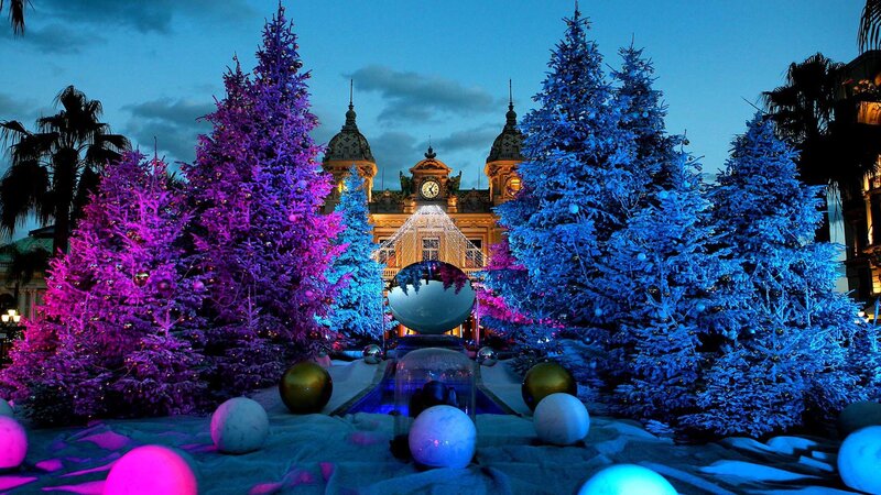 Christmas trees at night in Monaco